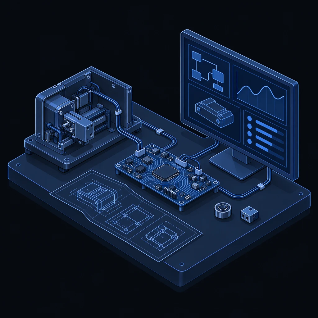 Conceptual Solvana workshop: a custom machine, circuit board, and software screen connected on an engineering workbench.